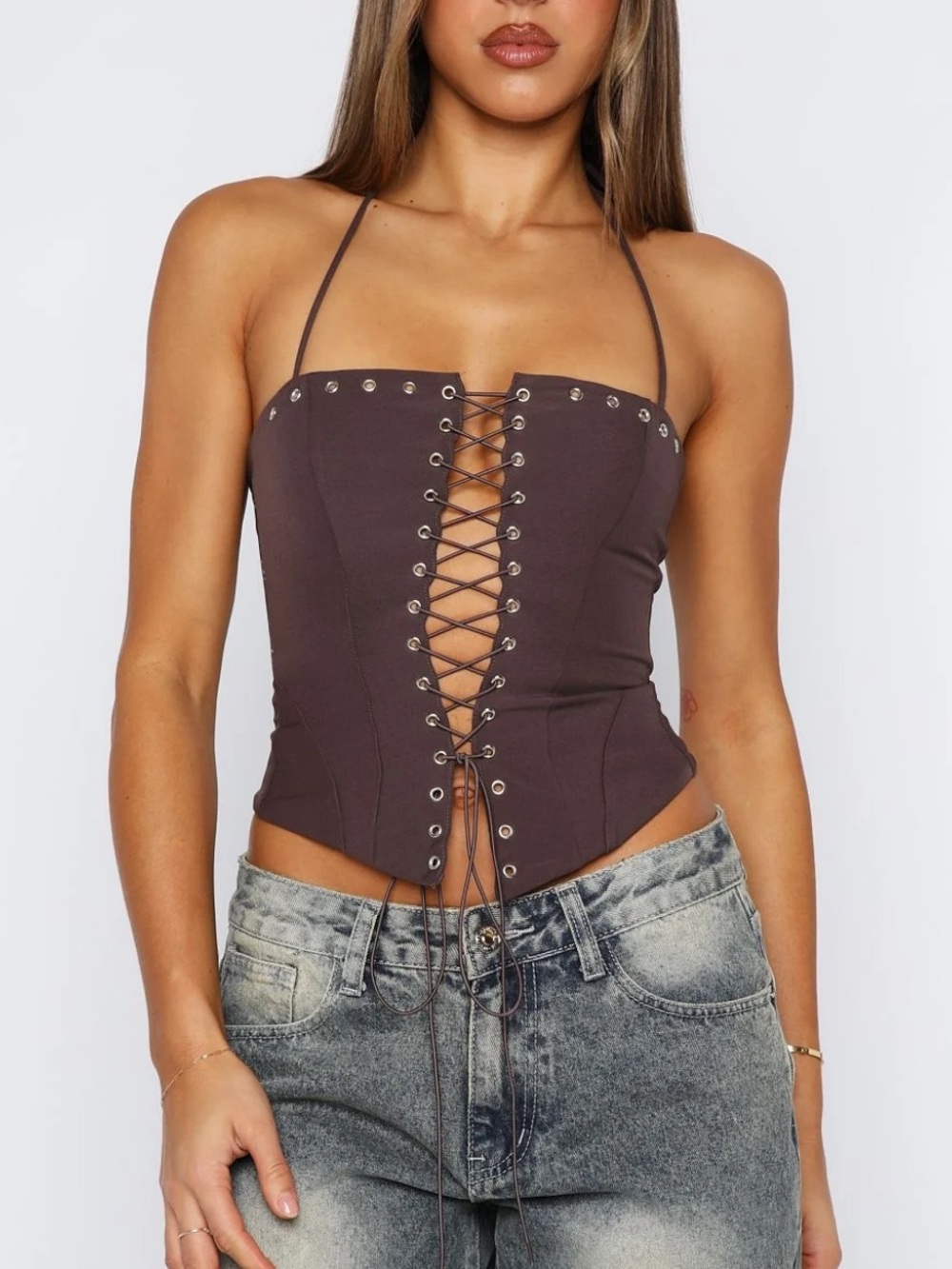 White Fox Lace-Up Halter Corset Top in Dark Brown